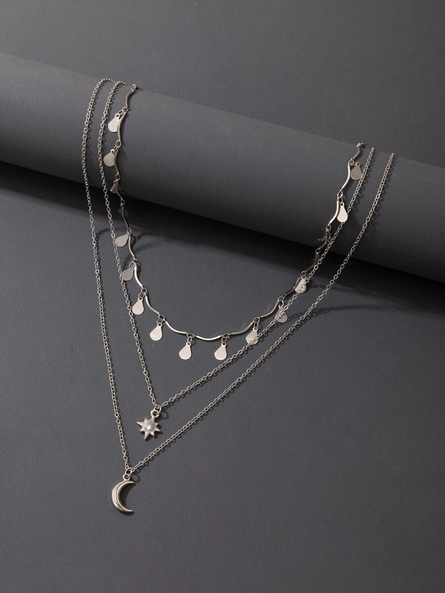 水滴和月亮墜飾多層次項鍊 - 銀色 - 查看 1