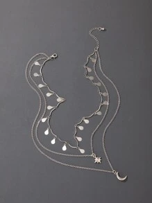 水滴和月亮墜飾多層次項鍊 - 銀色 - 查看 2