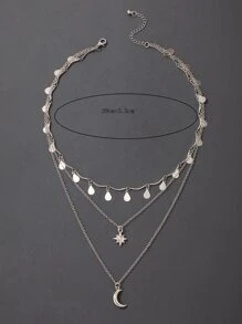 水滴和月亮墜飾多層次項鍊 - 銀色 - 查看 3