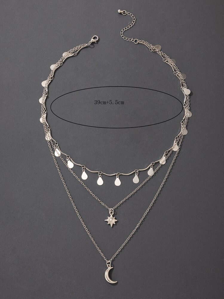 水滴和月亮墜飾多層次項鍊 - 銀色 - 查看 3