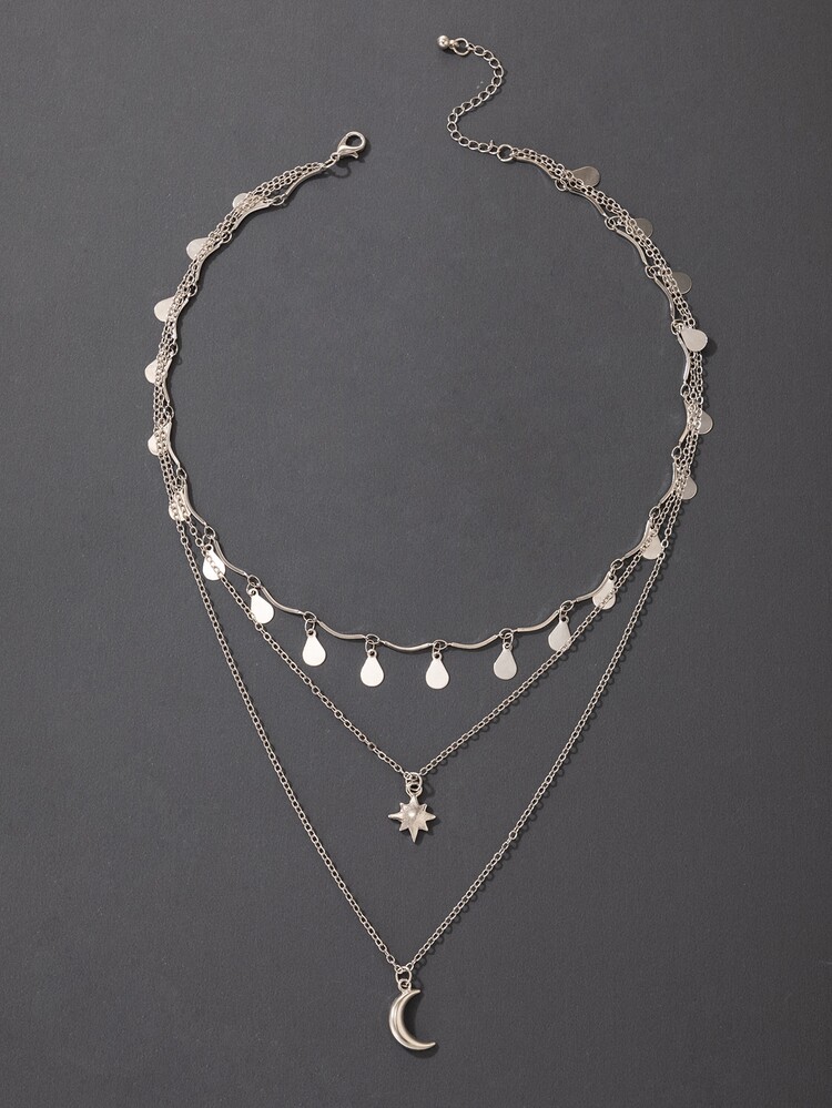 水滴和月亮墜飾多層次項鍊 - 銀色 - 查看 4