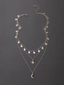 水滴和月亮墜飾多層次項鍊 - 銀色 - 查看 5