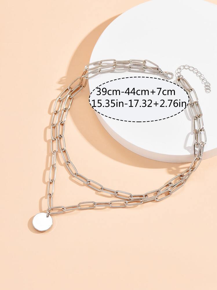 圓形吊飾多層次項鍊 - 銀色 - 查看 5