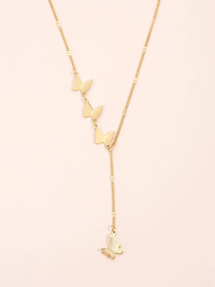 蝴蝶墜飾Y字項鍊 - 金黃色 - 查看 5
