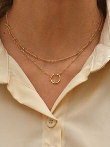 Ring Charm Layered Necklace - Yellow Gold - View 1