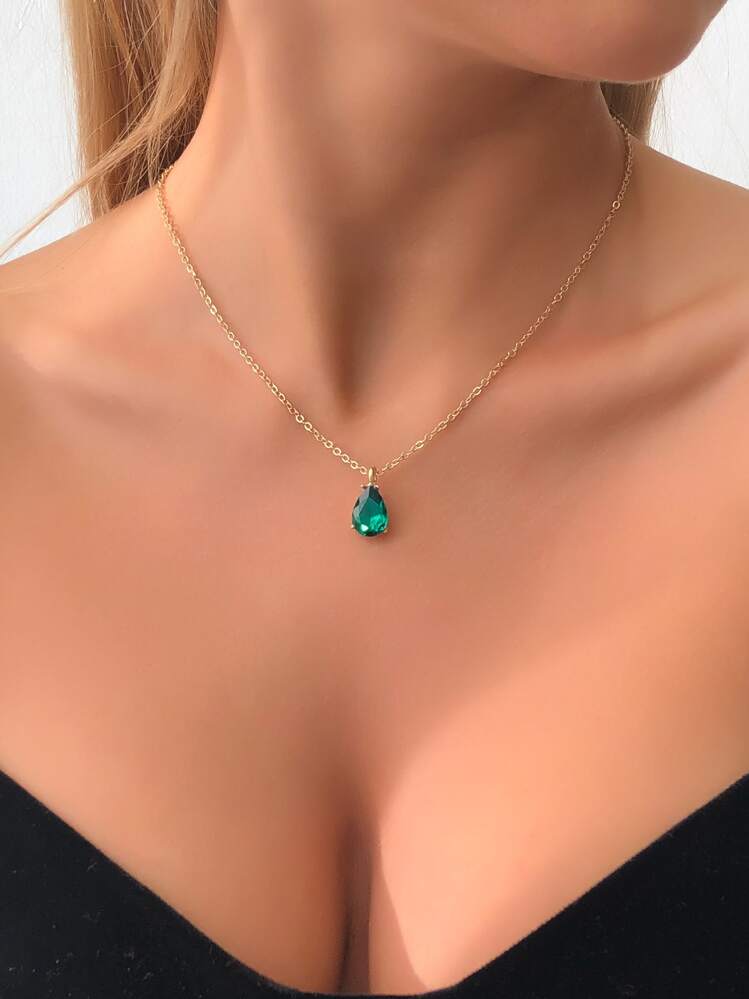 Rhinestone Water-drop Charm Necklace - Yellow Gold - View 1