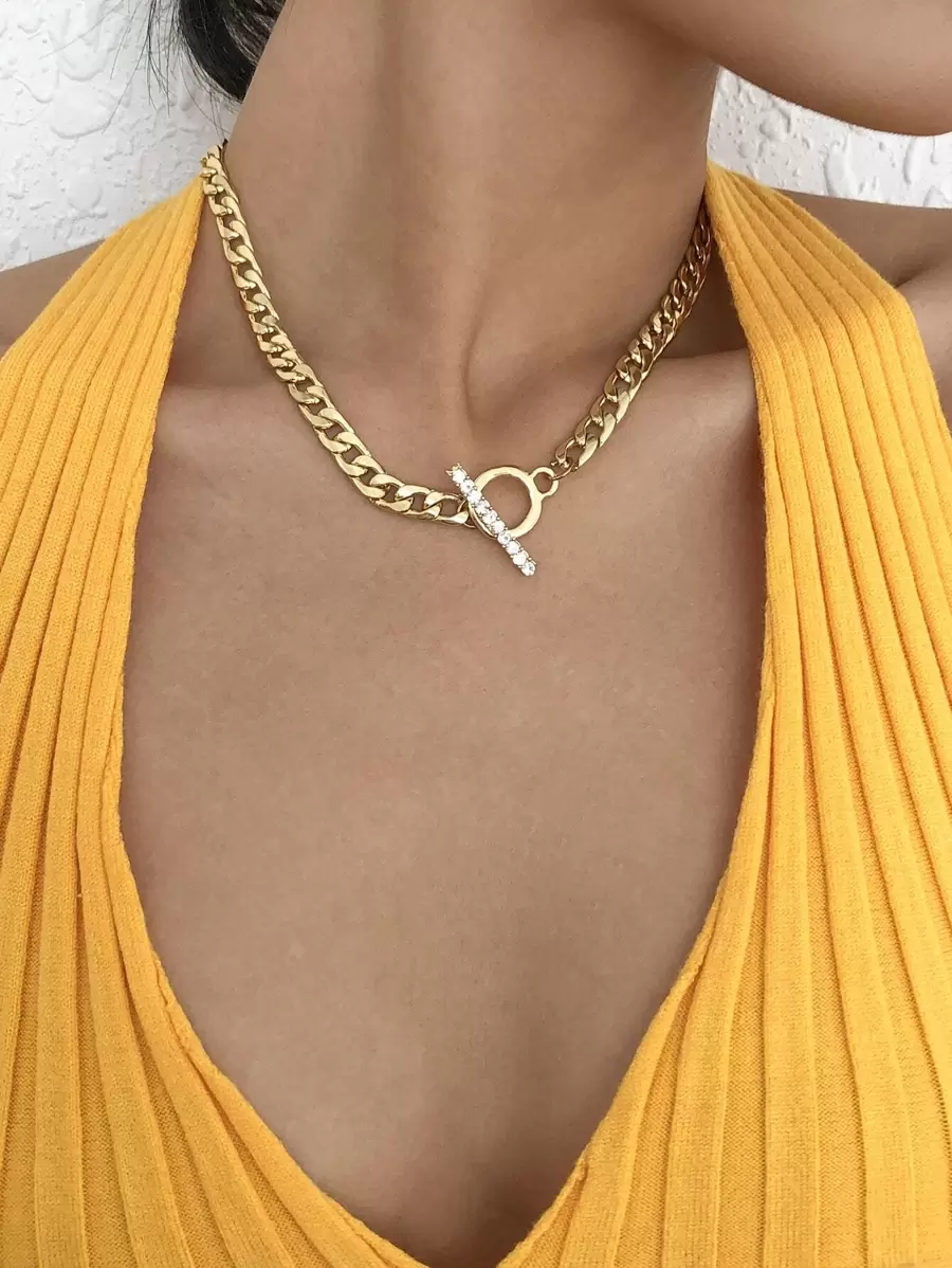 水鑽裝飾OT搭扣項鍊 - 金黃色 - 查看 1