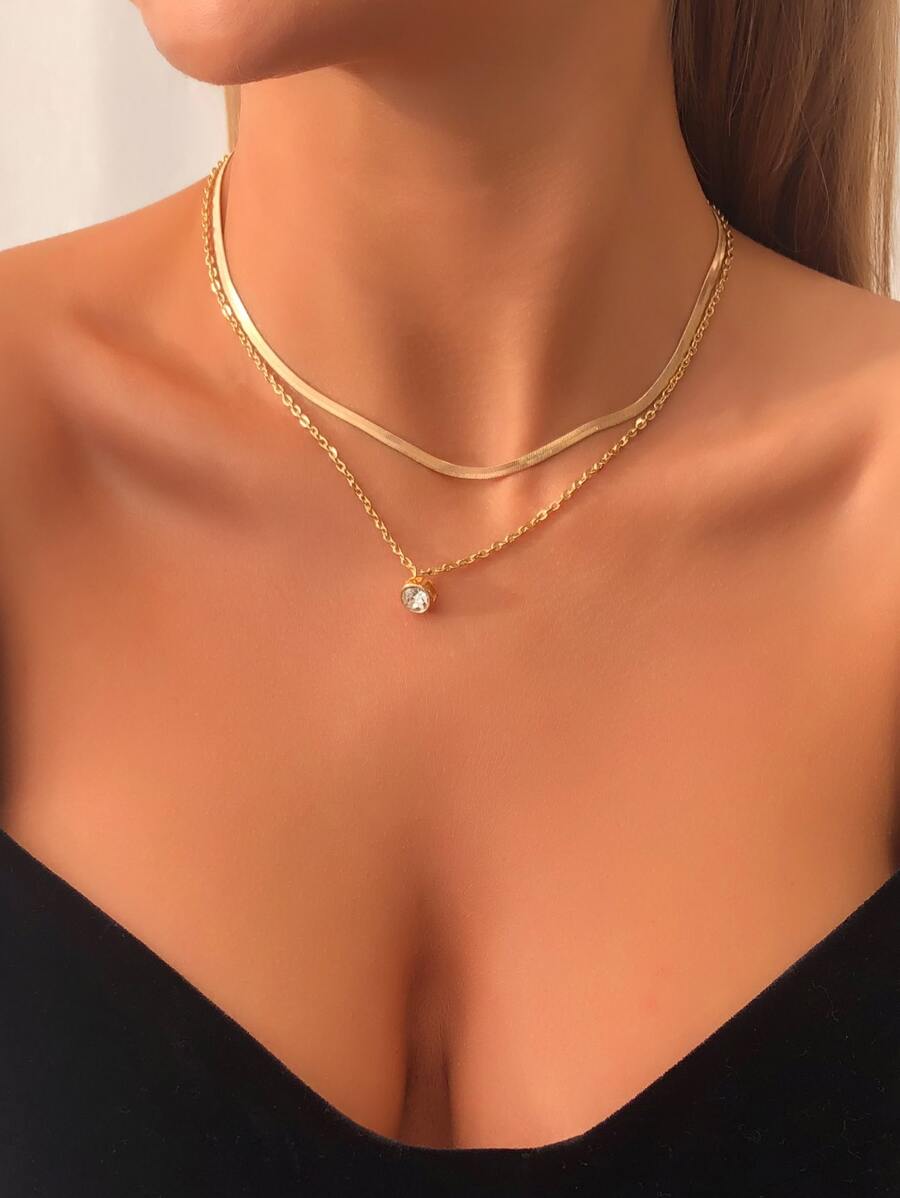水鑽墜飾多層次項鍊 - 金黃色 - 查看 1