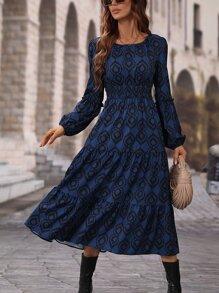 SHEIN LUNE Vestido largo con estampado completo, manga farol y dobladillo con volantes para mujer - Azul Marino - Ver 1