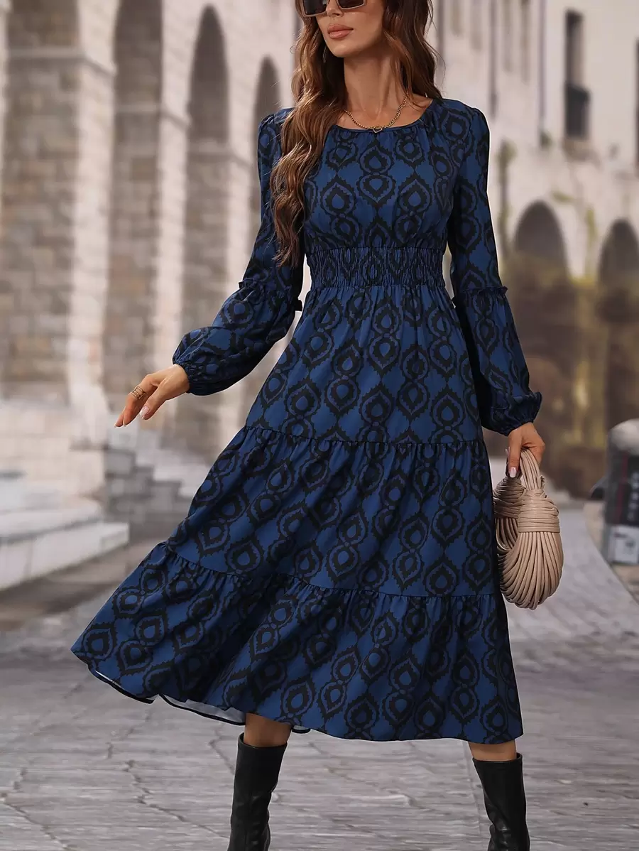 SHEIN LUNE Vestido largo con estampado completo, manga farol y dobladillo con volantes para mujer - Azul Marino - Ver 1