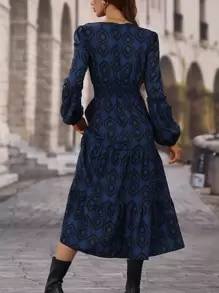 SHEIN LUNE Vestido largo con estampado completo, manga farol y dobladillo con volantes para mujer - Azul Marino - Ver 2