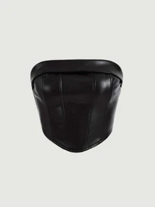 SHEIN MOD Zip Back PU Leather Tube Top - Black - View 2