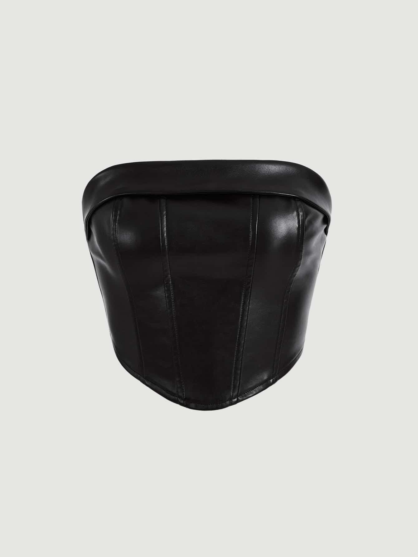 SHEIN MOD Zip Back PU Leather Tube Top - Black - View 2