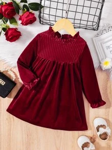 Baby Girl Flounce Sleeve Velvet Dress - Burgundy - View 1
