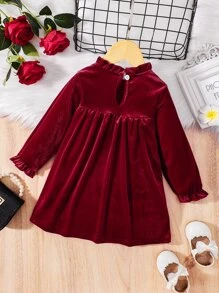 Baby Girl Flounce Sleeve Velvet Dress - Burgundy - View 2