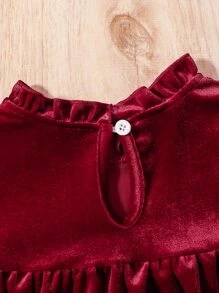 Baby Girl Flounce Sleeve Velvet Dress - Burgundy - View 3