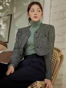 DAZY Áo khoác nữ Nút phía trước Sọc ca rô Thanh lịch - Màu xanh hải quân - Xem 1