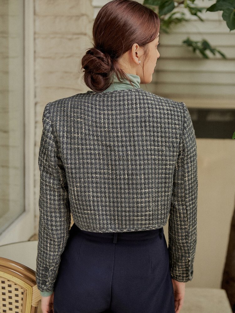 DAZY Áo khoác nữ Nút phía trước Sọc ca rô Thanh lịch - Màu xanh hải quân - Xem 2