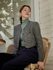 DAZY Áo khoác nữ Nút phía trước Sọc ca rô Thanh lịch - Màu xanh hải quân - Xem 3