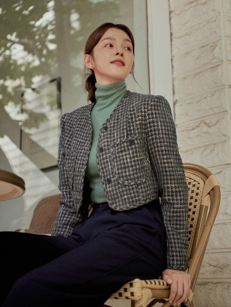 DAZY Áo khoác nữ Nút phía trước Sọc ca rô Thanh lịch - Màu xanh hải quân - Xem 3