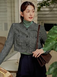 DAZY Áo khoác nữ Nút phía trước Sọc ca rô Thanh lịch - Màu xanh hải quân - Xem 4