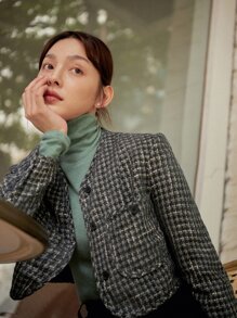 DAZY Áo khoác nữ Nút phía trước Sọc ca rô Thanh lịch - Màu xanh hải quân - Xem 7