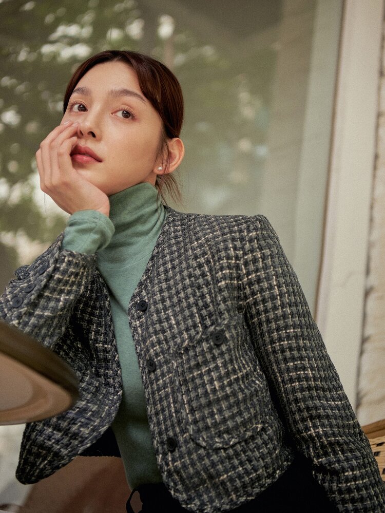 DAZY Áo khoác nữ Nút phía trước Sọc ca rô Thanh lịch - Màu xanh hải quân - Xem 7