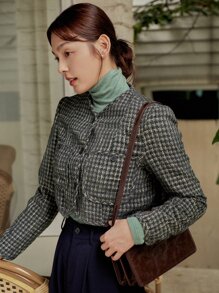 DAZY Áo khoác nữ Nút phía trước Sọc ca rô Thanh lịch - Màu xanh hải quân - Xem 8