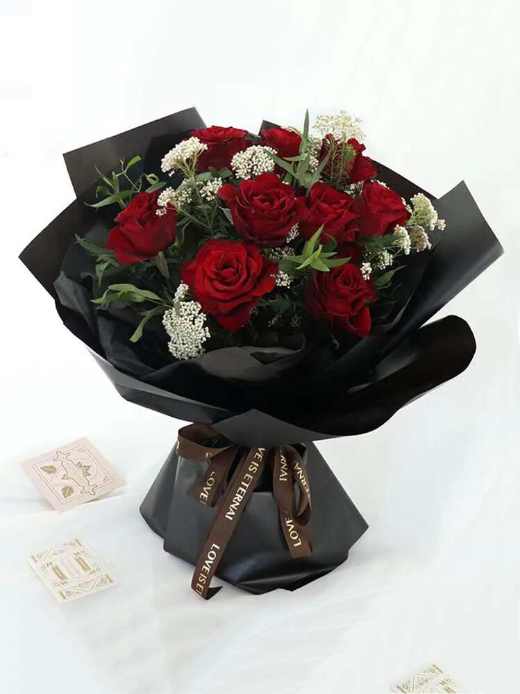 10 piezas de Papel de envolver flores de 58*58 cm, papel negro mate impermeable de plástico para el embalaje de rosas - Negro - Añade 1