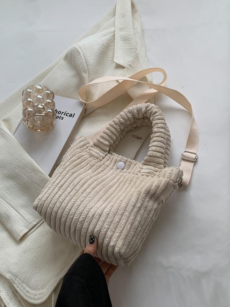 防水、輕盈、商務休閒按扣細節燈芯絨水桶包適合青少年女大學生、菜鳥和白領，非常適合辦公室、大學、工作、商務、通勤 - 米色 - 查看 5