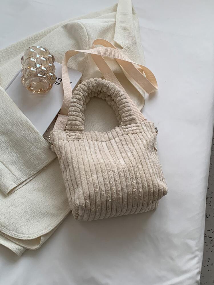 防水、輕盈、商務休閒按扣細節燈芯絨水桶包適合青少年女大學生、菜鳥和白領，非常適合辦公室、大學、工作、商務、通勤 - 米色 - 查看 6