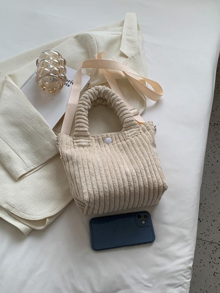 防水、輕盈、商務休閒按扣細節燈芯絨水桶包適合青少年女大學生、菜鳥和白領，非常適合辦公室、大學、工作、商務、通勤 - 米色 - 查看 7