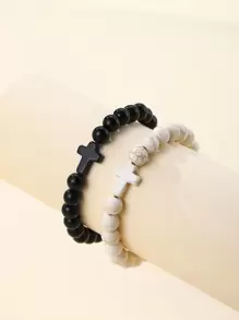 2pcs Couple Cross Decor Beaded Bracelet