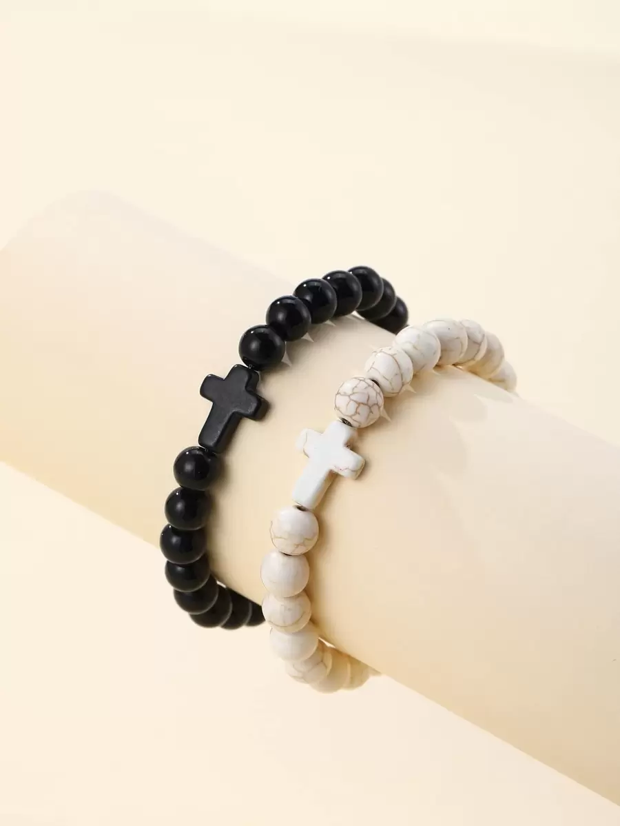 2pcs Couple Cross Decor Beaded Bracelet