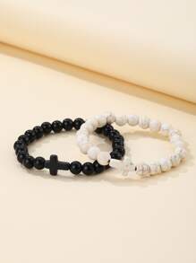 2pcs Couple Cross Decor Beaded Bracelet