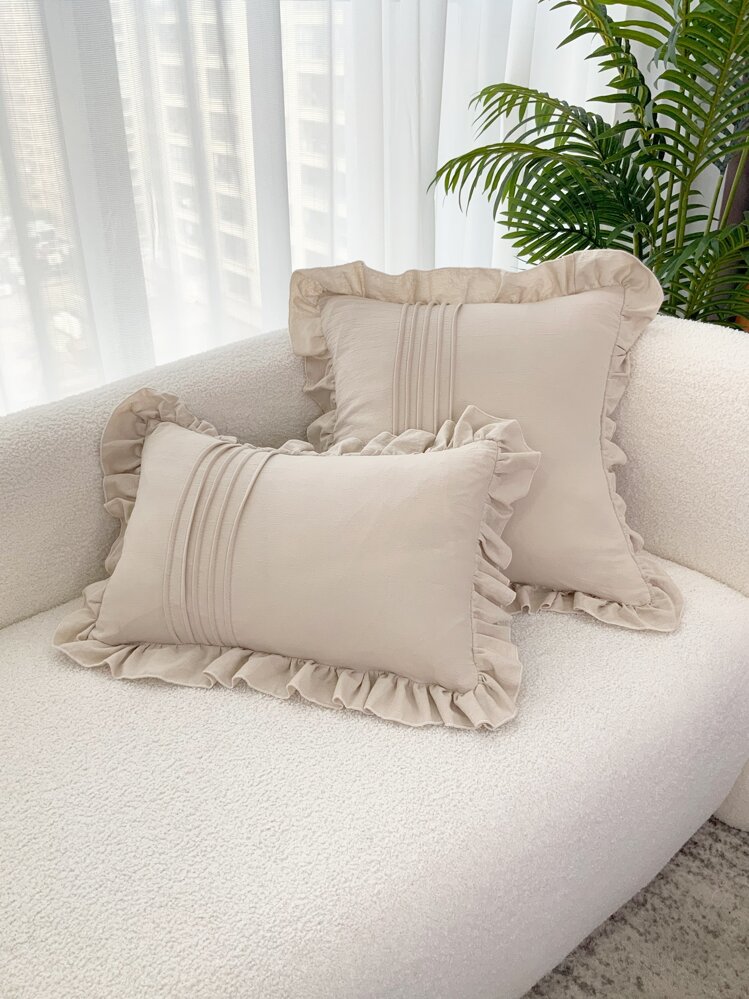 1pc Ruffle Trim Cushion Cover Không có Filler - Màu be - Xem 1