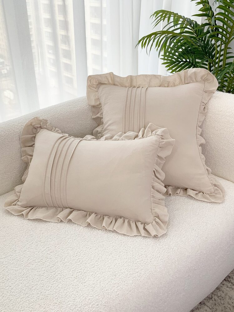 1pc Ruffle Trim Cushion Cover Không có Filler - Màu be - Xem 2
