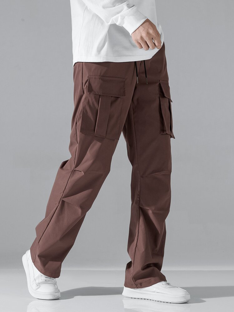 Manfinity Homme Pantalones De Carga Holgados Para Hombre Con Bolsillos De Solapa Y Cintura Con Cordón - Marrón Chocolate - Añade 1