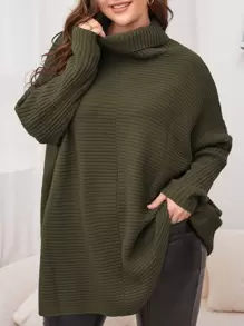 SHEIN LUNE Plus Turtleneck Batwing Sleeve Sweater, Winter Knit Pullover Fall Outfit Autumn - Army Green - View 1