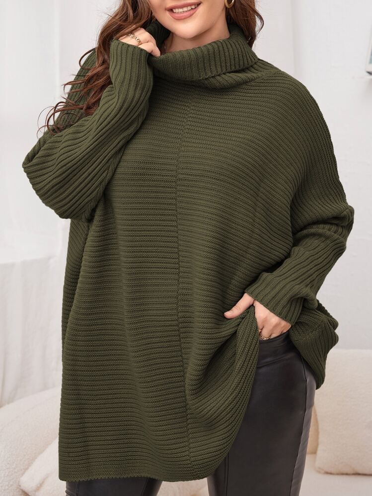 SHEIN LUNE Suéter de cuello alto con mangas tipo murciélago, para invierno - Verde militar - Añade 1