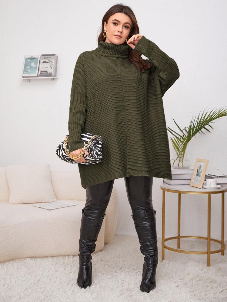 SHEIN LUNE Suéter de cuello alto con mangas tipo murciélago, para invierno - Verde militar - Añade 3