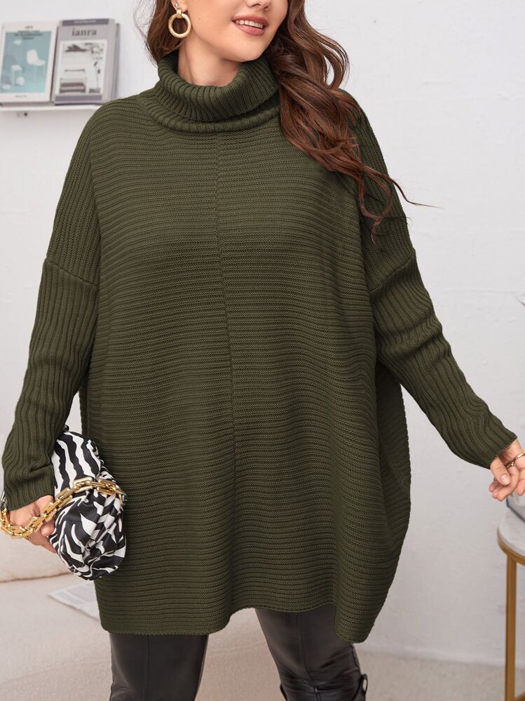 SHEIN LUNE Suéter de cuello alto con mangas tipo murciélago, para invierno - Verde militar - Añade 4