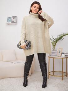 SHEIN LUNE 加大码高领蝙蝠袖毛衣，适合冬季和秋季穿着。 - 米色 - 查看 4