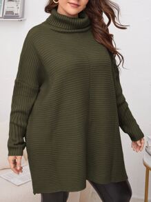 SHEIN LUNE Plus Turtleneck Batwing Sleeve Sweater, Winter Knit Pullover Fall Outfit Autumn - Army Green - View 5