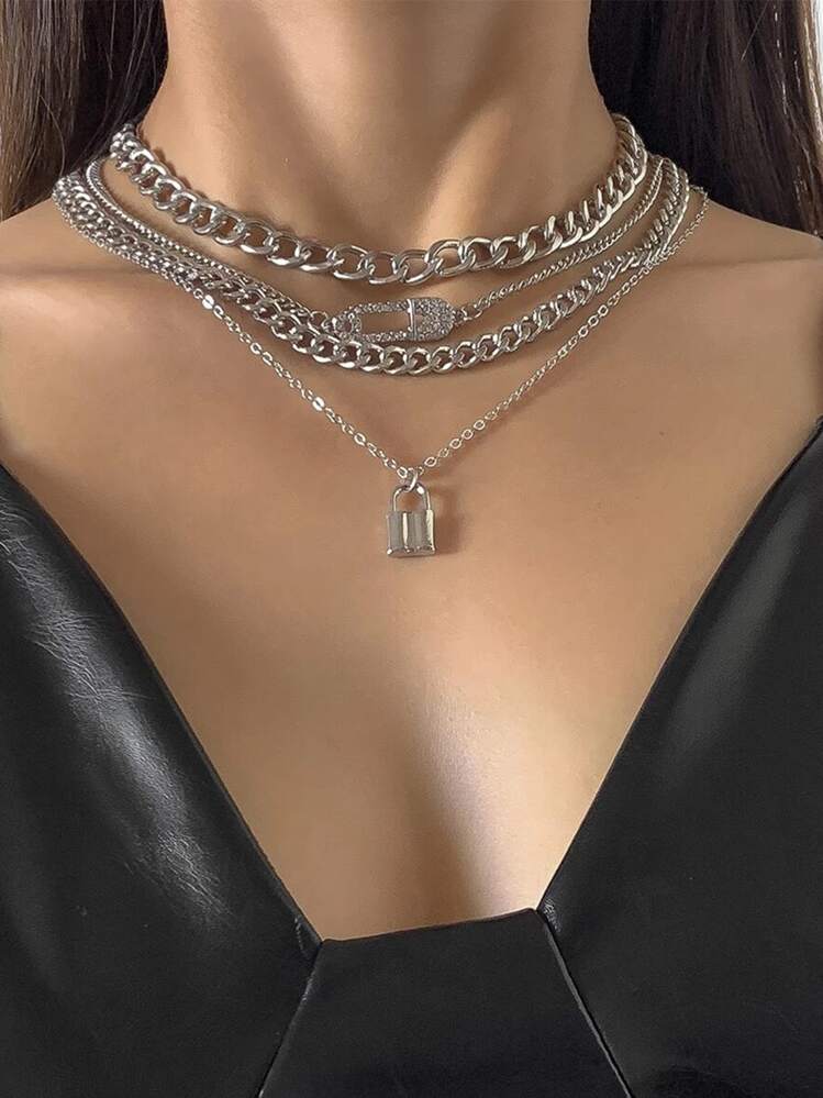 4 pièces à strass Épingle de sûreté & à détail serrure Collier - Argent - Voir 1