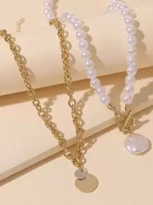 SHEIN X Lucía Bellido 2入組人造珍珠裝飾圓形魅力項鍊 - 彩色 - 查看 2