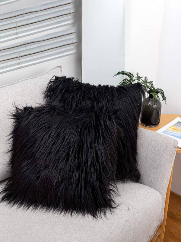 1pc Fluffy Cushion Cover Without Filler, Black Plush Throw Pillow Cover, Pillow Insert Not Include, For Sofa, Living Room