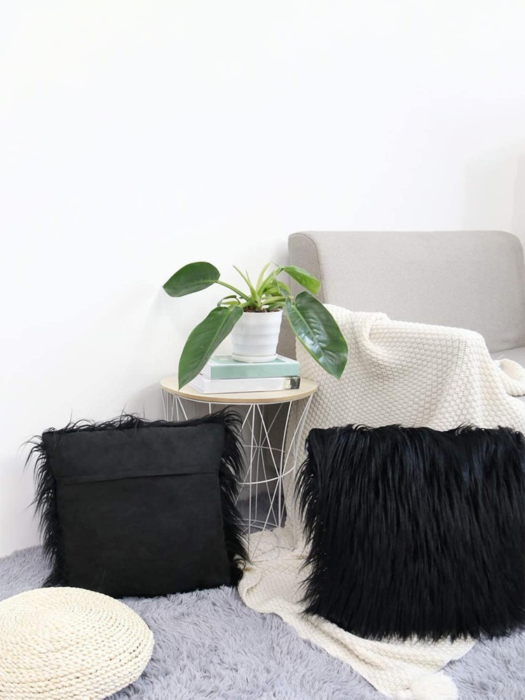 1pc Fluffy Cushion Cover Without Filler, Black Plush Throw Pillow Cover, Pillow Insert Not Include, For Sofa, Living Room - Black - View 5