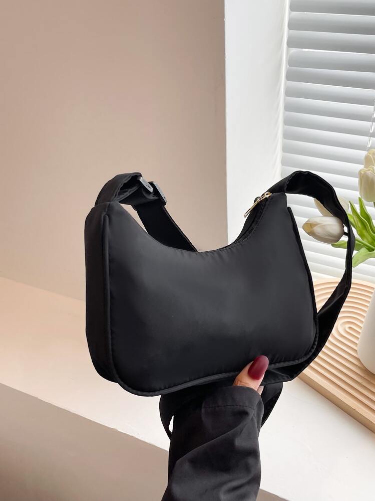 Nylon Solid Color Minimalist Diagonal Shoulder Bag With Colorful Shoulder Strap & Pu Bucket Bag - Black - View 3