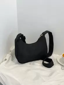 Nylon Solid Color Minimalist Diagonal Shoulder Bag With Colorful Shoulder Strap & Pu Bucket Bag - Black - View 5